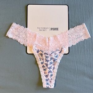 🦋VICTORIA’S SECRET PINK Wink Lace Trim Thong Smooth Pink Tulip Butterfly Print M
